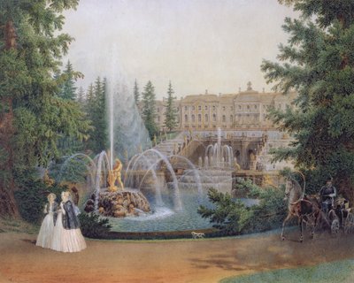 Vista della Cascata di Marly dal Giardino Inferiore del Palazzo di Peterhof, c.1830-60 da Vasili Semenovich Sadovnikov